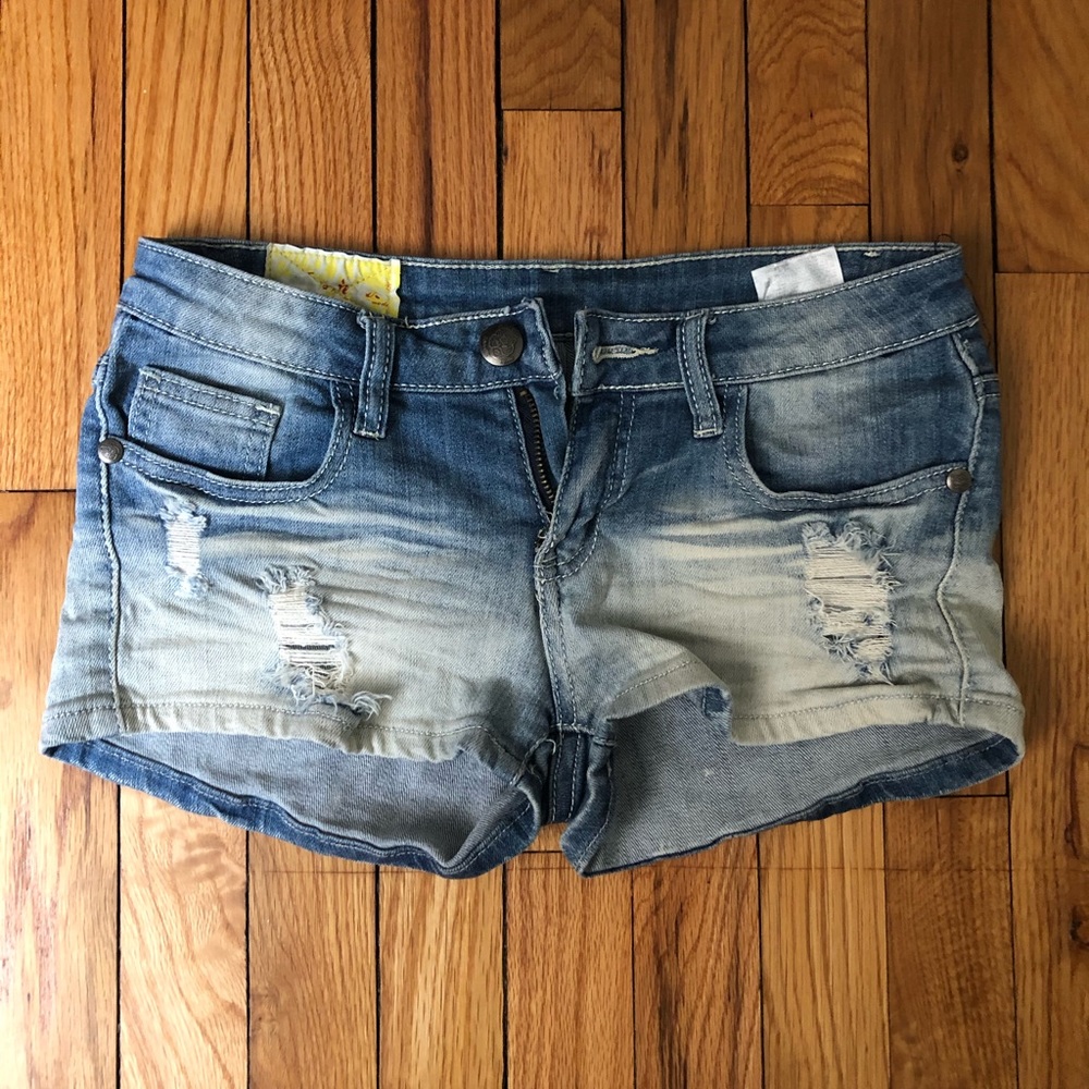 Acid Wash Medium Rise Ripped Jean Shorts